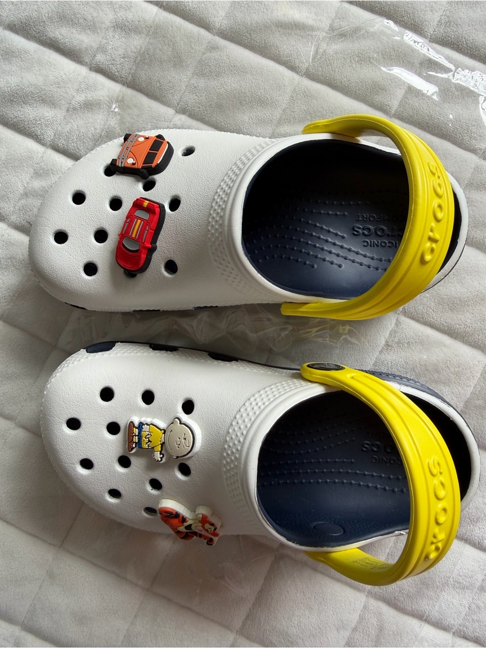CROCS Kids White Clog with Yellow Heel Strap and Navy Insole